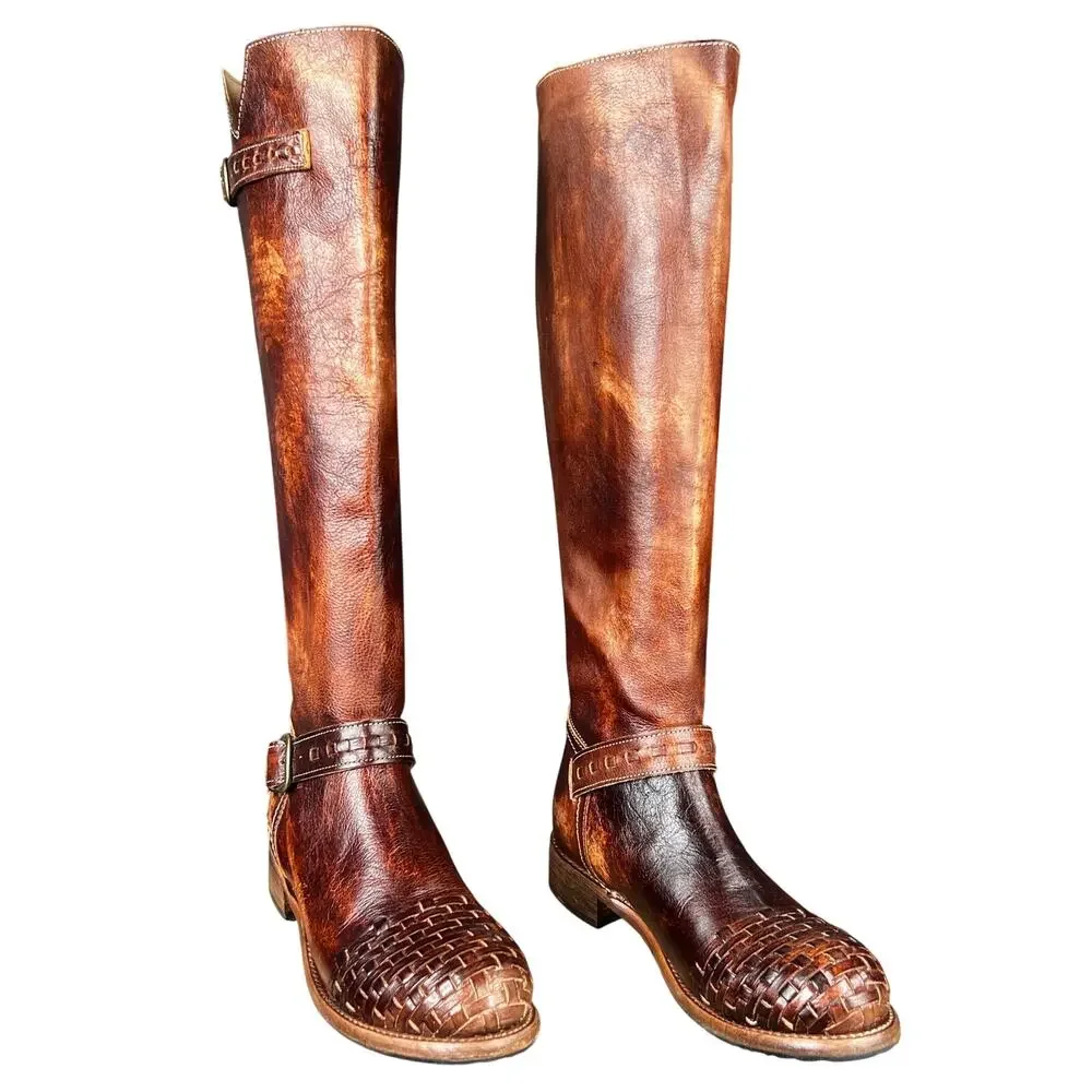 NWOT Bed Stu Women’s Blackburn Brown Leather Woven Toe Riding Boot Size US 7.5